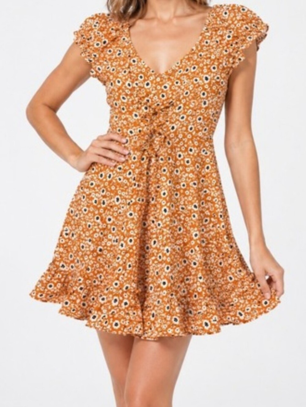 NWT Olivaceous Floral Mini Dress Medium Ruched Tie Front Flutter Sleeve